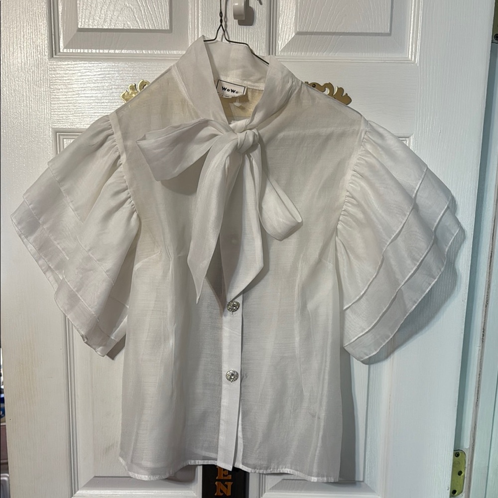 Wo Wo ladies blouse with rhinestone buttons; bow tie and layered short sleeves